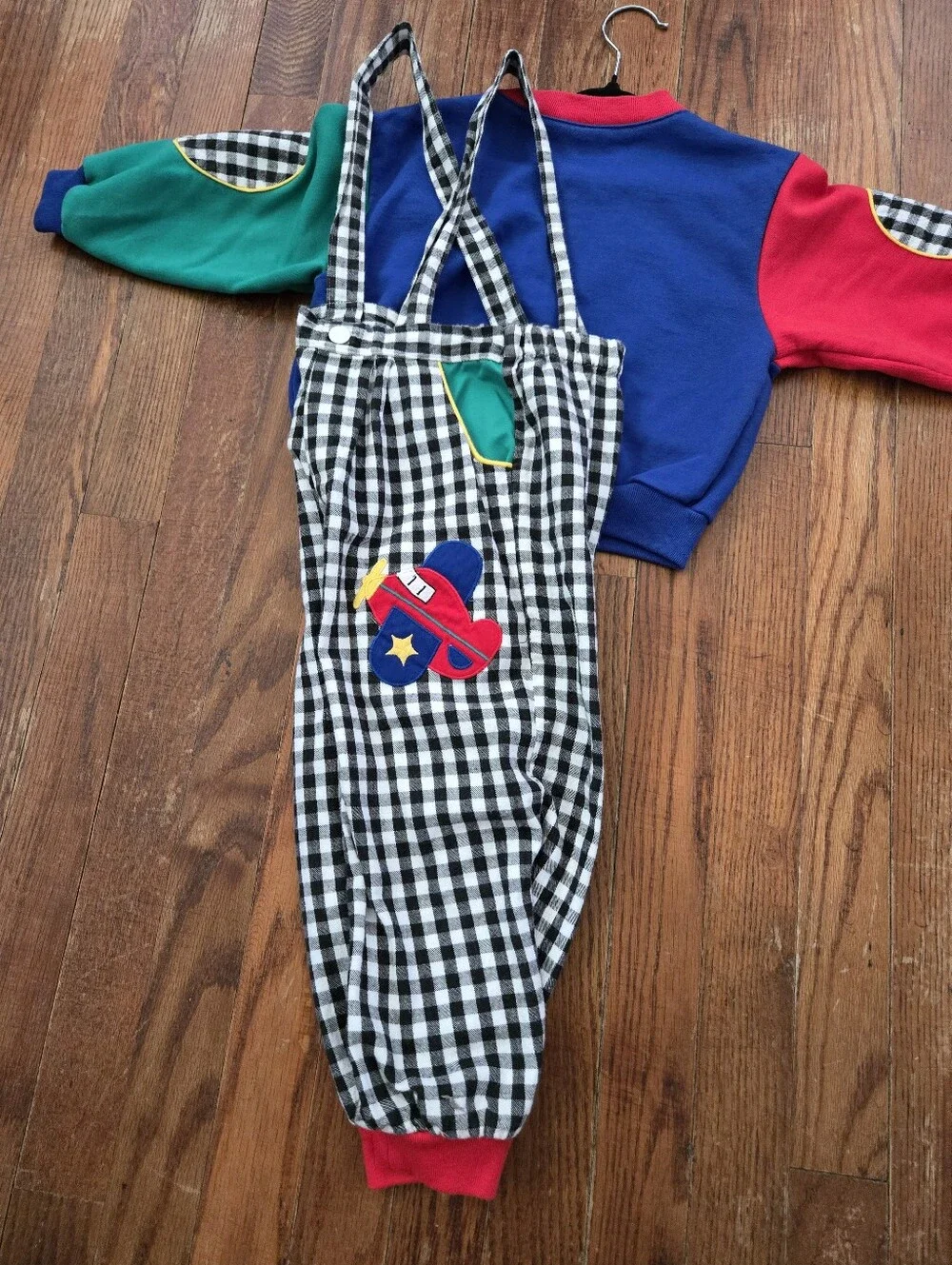 VTG Toddler 4T Matched Set Checked Suspender Pants Jacket Airplane Colorblock